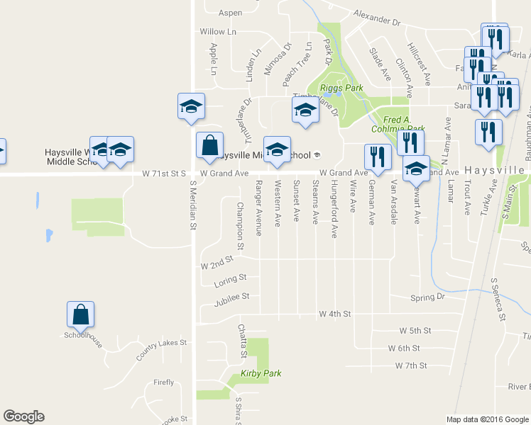 map of restaurants, bars, coffee shops, grocery stores, and more near 145 Ranger Avenue in Haysville