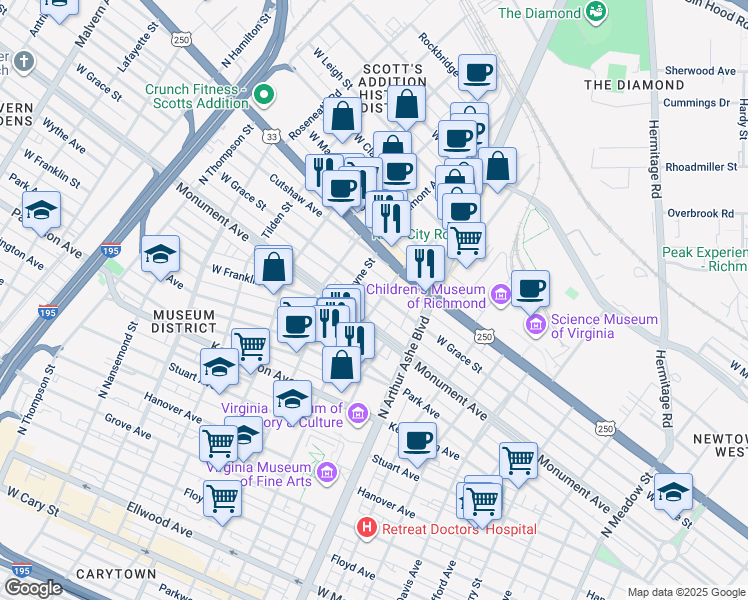 map of restaurants, bars, coffee shops, grocery stores, and more near 2903 West Grace Street in Richmond