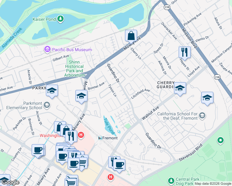 map of restaurants, bars, coffee shops, grocery stores, and more near 912 Oranda Terrace in Fremont