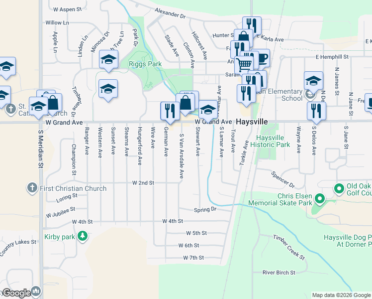 map of restaurants, bars, coffee shops, grocery stores, and more near 145 Stewart Avenue in Haysville