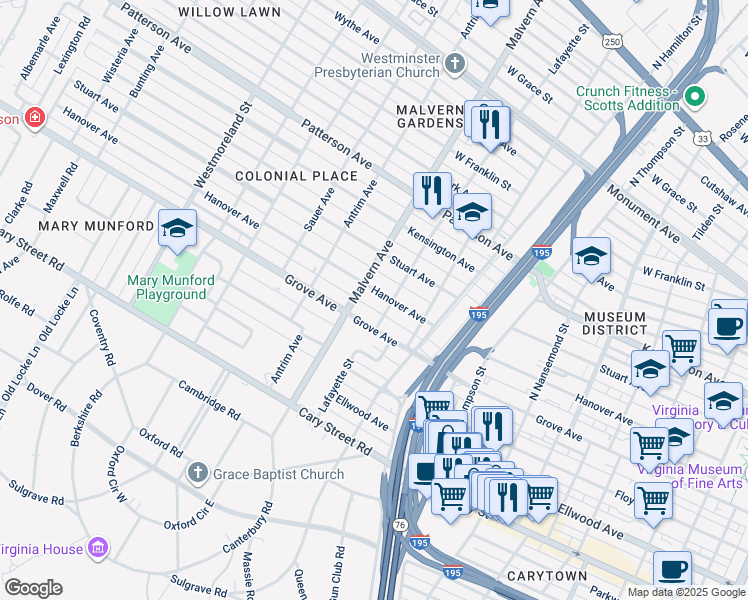 map of restaurants, bars, coffee shops, grocery stores, and more near 4007 Hanover Avenue in Richmond