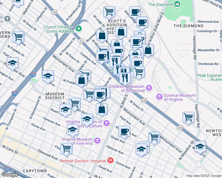map of restaurants, bars, coffee shops, grocery stores, and more near 2905 West Grace Street in Richmond