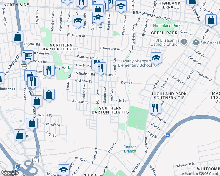 map of restaurants, bars, coffee shops, grocery stores, and more near 2204 Lamb Avenue in Richmond