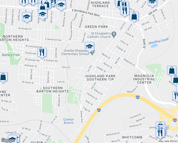 map of restaurants, bars, coffee shops, grocery stores, and more near 1201 Willow Street in Richmond