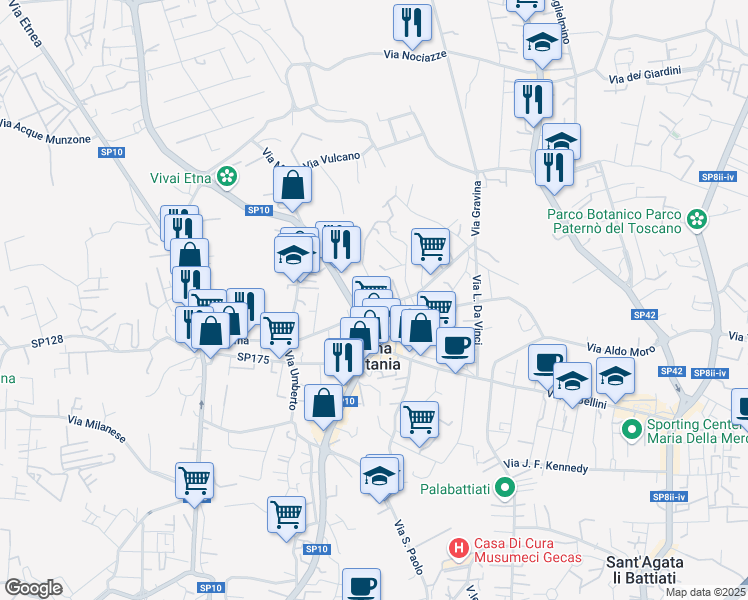 map of restaurants, bars, coffee shops, grocery stores, and more near 4 Via Caduti del Lavoro in Gravina di Catania