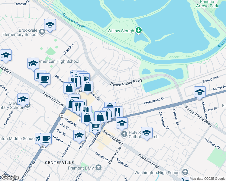 map of restaurants, bars, coffee shops, grocery stores, and more near 3475 Deerwood Terrace in Fremont