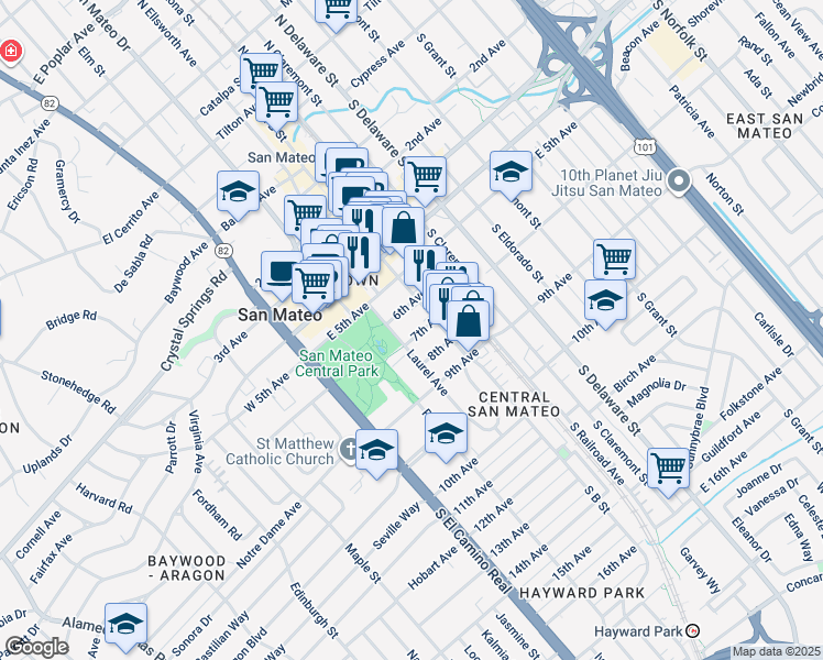map of restaurants, bars, coffee shops, grocery stores, and more near 222 6th Avenue in San Mateo