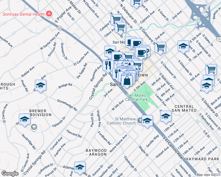 map of restaurants, bars, coffee shops, grocery stores, and more near 2 3rd Avenue in San Mateo