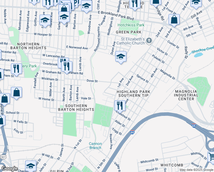 map of restaurants, bars, coffee shops, grocery stores, and more near 2024 Althea Street in Richmond