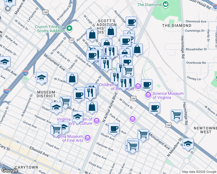 map of restaurants, bars, coffee shops, grocery stores, and more near 906 North Sheppard Street in Richmond