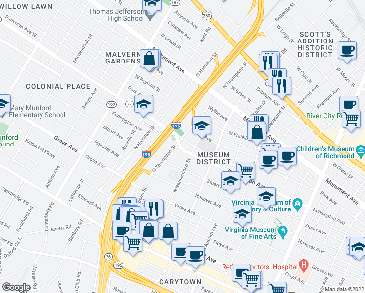 map of restaurants, bars, coffee shops, grocery stores, and more near 500 North Thompson Street in Richmond
