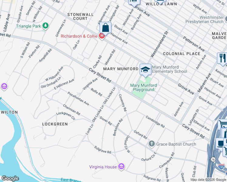 map of restaurants, bars, coffee shops, grocery stores, and more near 4601 Cary Street Road in Richmond