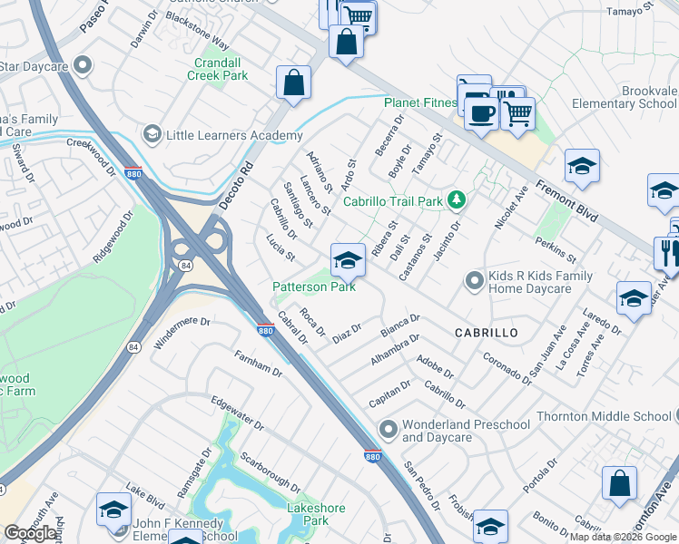 map of restaurants, bars, coffee shops, grocery stores, and more near 35475 Cabrillo Drive in Fremont