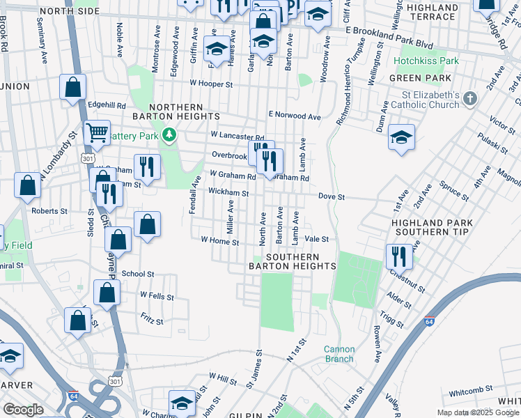 map of restaurants, bars, coffee shops, grocery stores, and more near 2114 N Street in Richmond