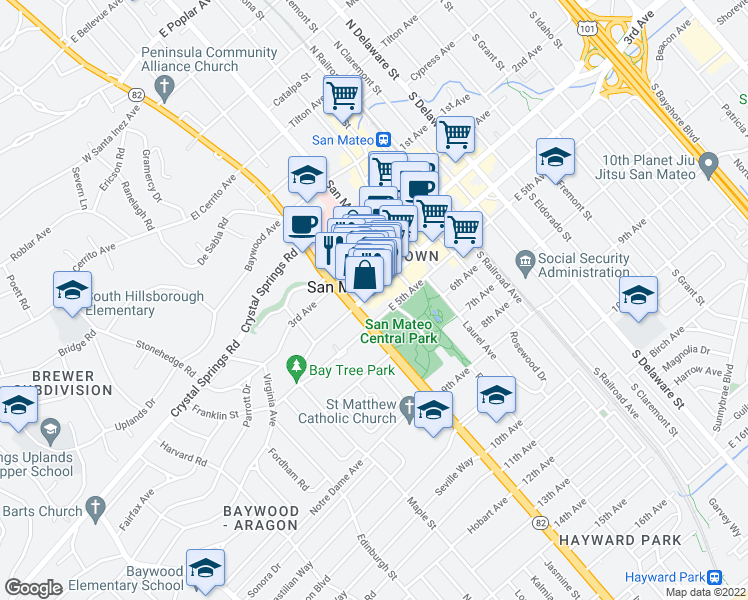 map of restaurants, bars, coffee shops, grocery stores, and more near 34 East 4th Avenue in San Mateo