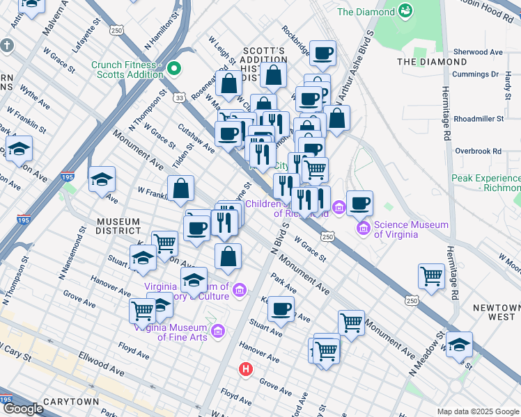 map of restaurants, bars, coffee shops, grocery stores, and more near 2826 West Grace Street in Richmond