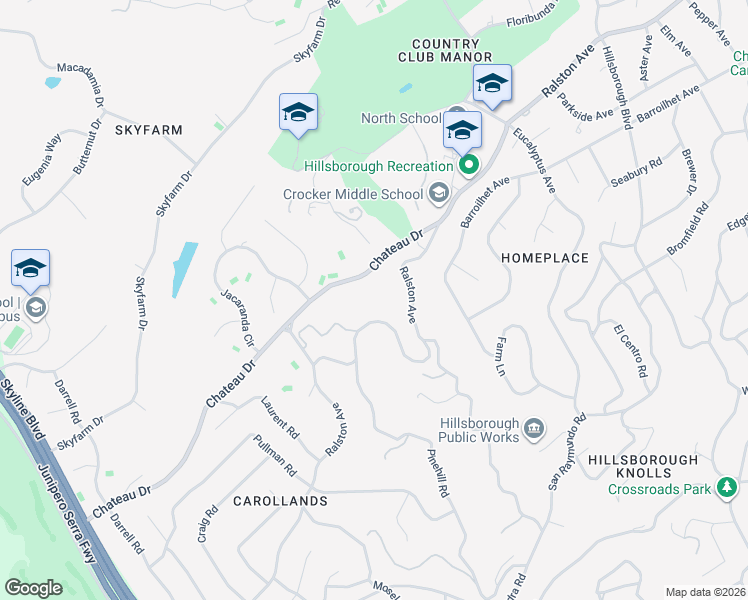 map of restaurants, bars, coffee shops, grocery stores, and more near 2780 Ralston Avenue in Hillsborough