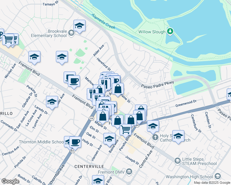 map of restaurants, bars, coffee shops, grocery stores, and more near 37050 Meadowbrook Common in Fremont