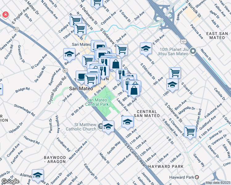 map of restaurants, bars, coffee shops, grocery stores, and more near 601 Laurel Avenue in San Mateo