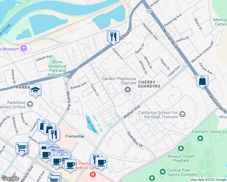 map of restaurants, bars, coffee shops, grocery stores, and more near 38697 Huntington Circle in Fremont