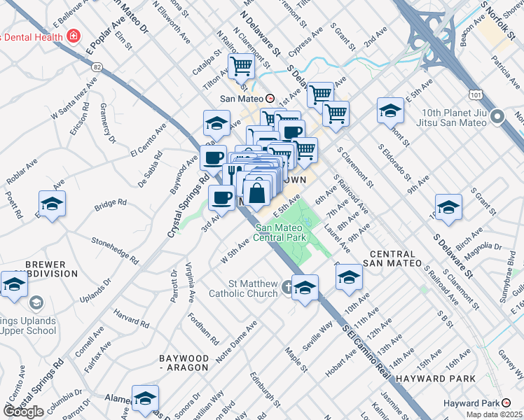 map of restaurants, bars, coffee shops, grocery stores, and more near in San Mateo