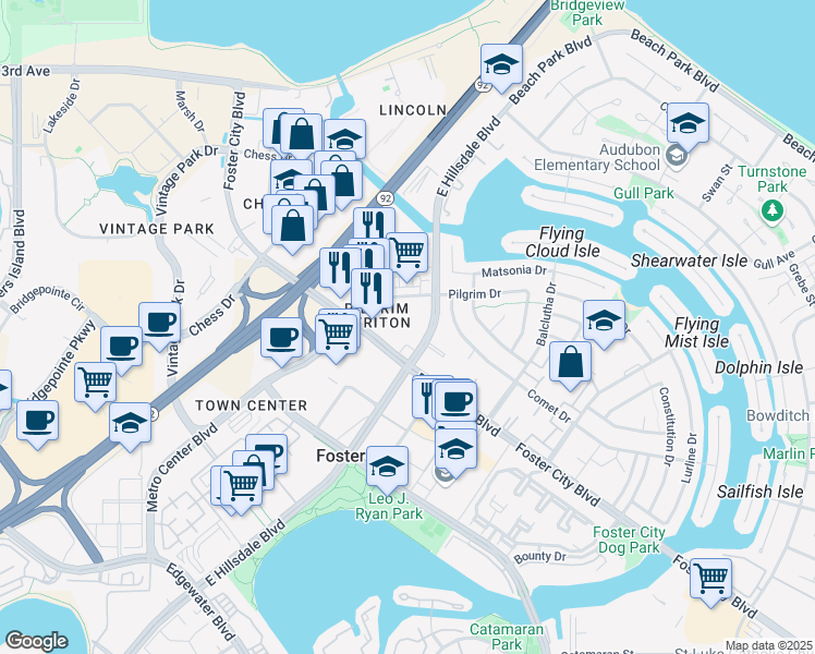 map of restaurants, bars, coffee shops, grocery stores, and more near 100 Grand Lane in Foster City