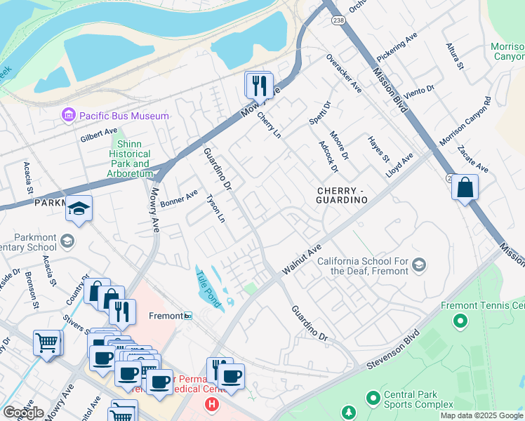 map of restaurants, bars, coffee shops, grocery stores, and more near 38687 Huntington Circle in Fremont
