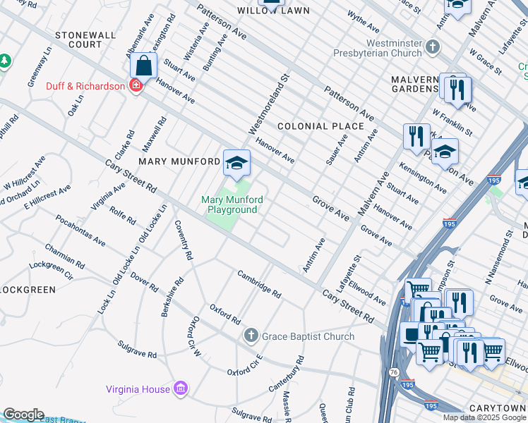 map of restaurants, bars, coffee shops, grocery stores, and more near 4233 Kingcrest Parkway in Richmond