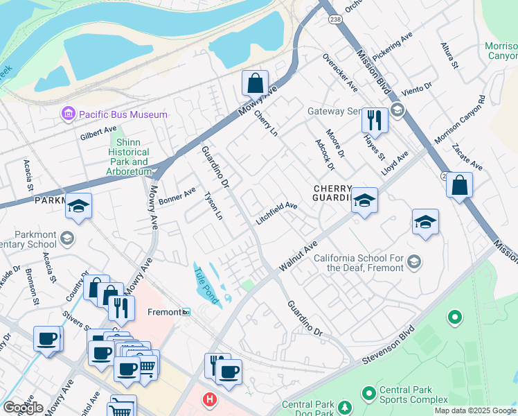 map of restaurants, bars, coffee shops, grocery stores, and more near 38697 Huntington Circle in Fremont