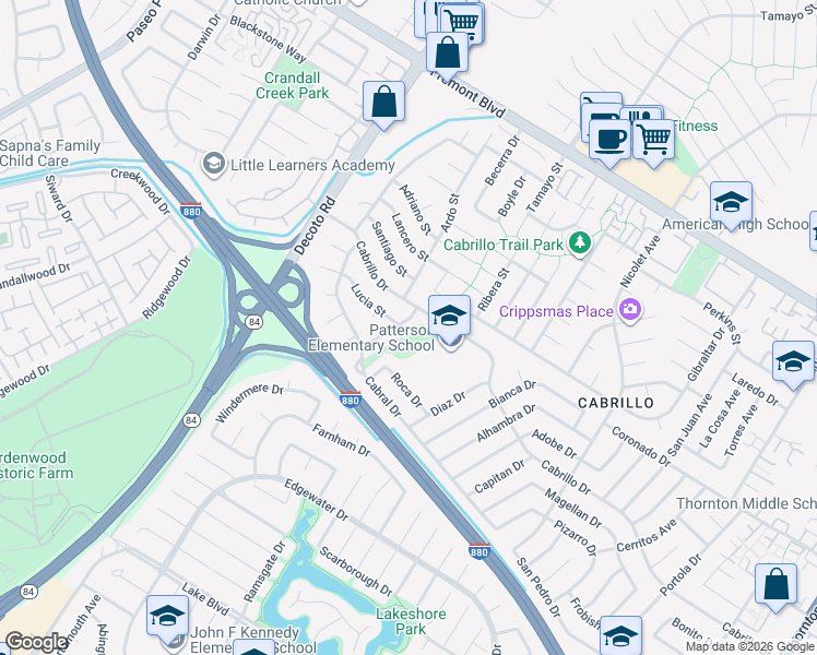 map of restaurants, bars, coffee shops, grocery stores, and more near 4502 Angeles Avenue in Fremont
