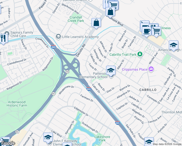 map of restaurants, bars, coffee shops, grocery stores, and more near 35206 Cabral Drive in Fremont
