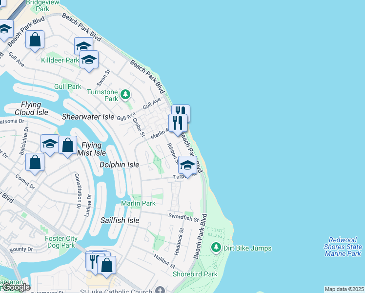 map of restaurants, bars, coffee shops, grocery stores, and more near 1451 Beach Park Boulevard in Foster City
