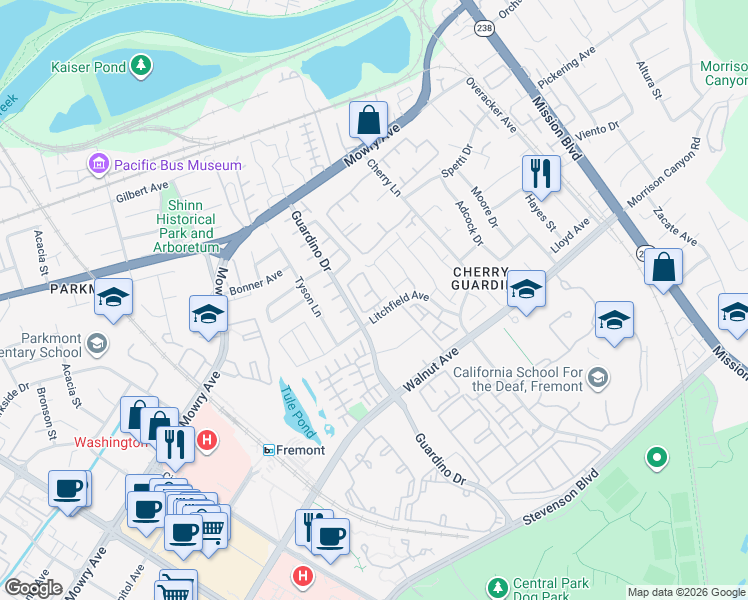 map of restaurants, bars, coffee shops, grocery stores, and more near 957 Huntington Common in Fremont