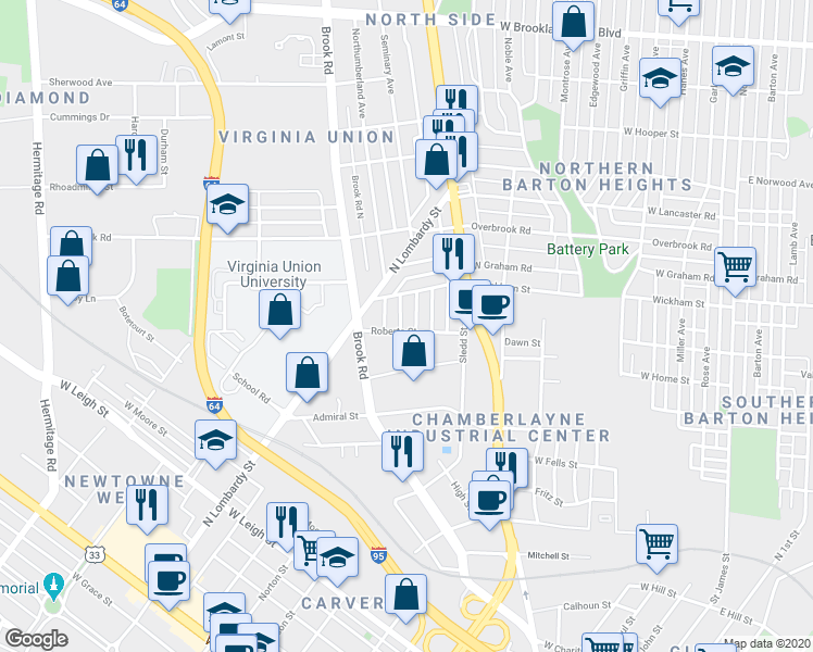 map of restaurants, bars, coffee shops, grocery stores, and more near 2203 Northumberland Avenue in Richmond