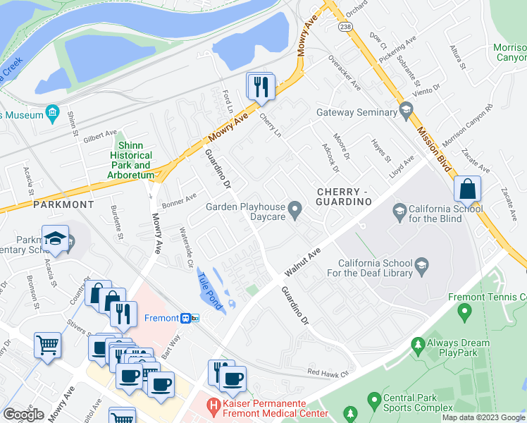 map of restaurants, bars, coffee shops, grocery stores, and more near 984 Huntington Terrace in Fremont