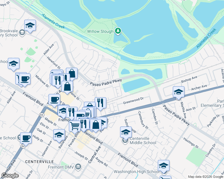 map of restaurants, bars, coffee shops, grocery stores, and more near 37312 Sequoia Road in Fremont