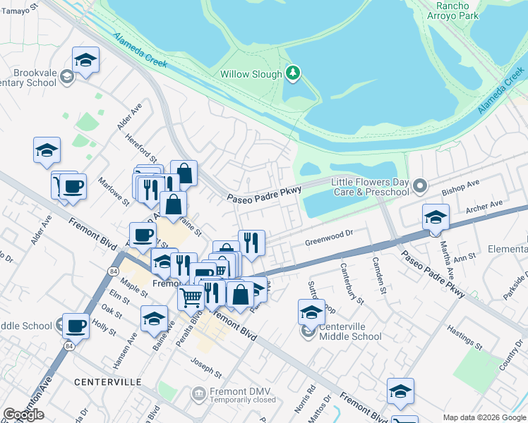 map of restaurants, bars, coffee shops, grocery stores, and more near 37312 Sequoia Road in Fremont