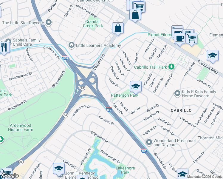 map of restaurants, bars, coffee shops, grocery stores, and more near 35206 Cabral Drive in Fremont