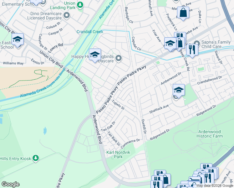 map of restaurants, bars, coffee shops, grocery stores, and more near 34077 Gannon Terrace in Fremont