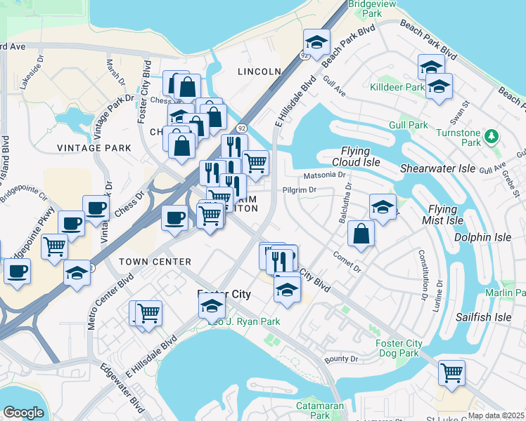 map of restaurants, bars, coffee shops, grocery stores, and more near in Foster City