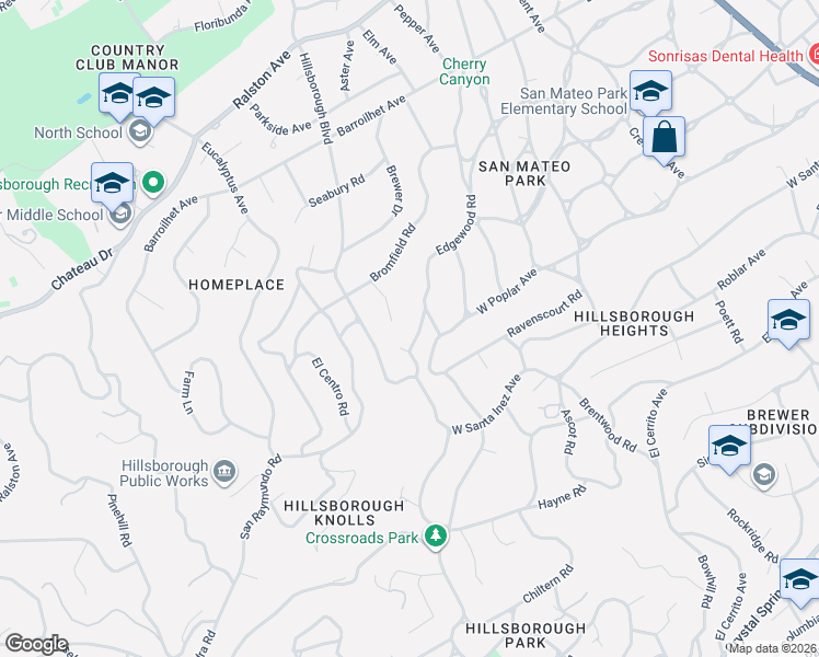 map of restaurants, bars, coffee shops, grocery stores, and more near 441 Edgewood Road in San Mateo