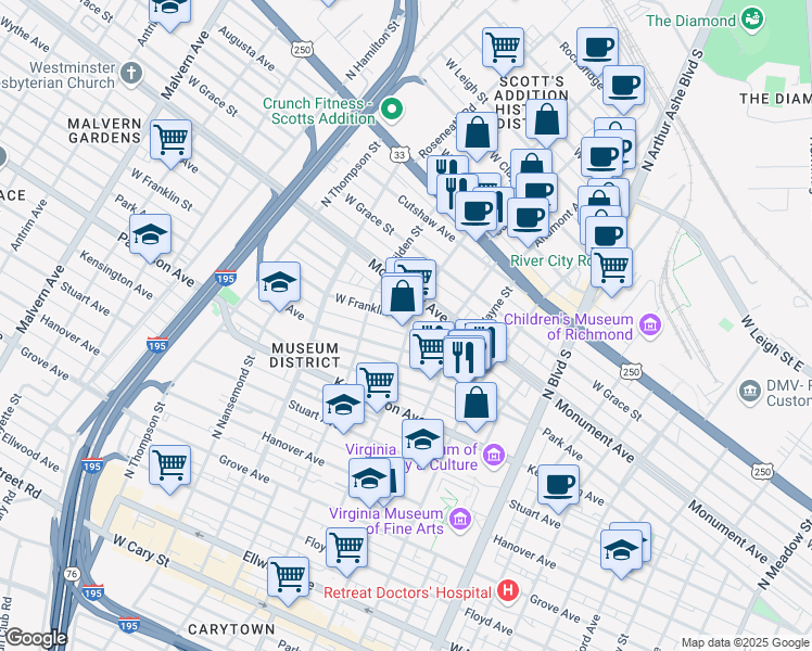 map of restaurants, bars, coffee shops, grocery stores, and more near 3136 West Franklin Street in Richmond