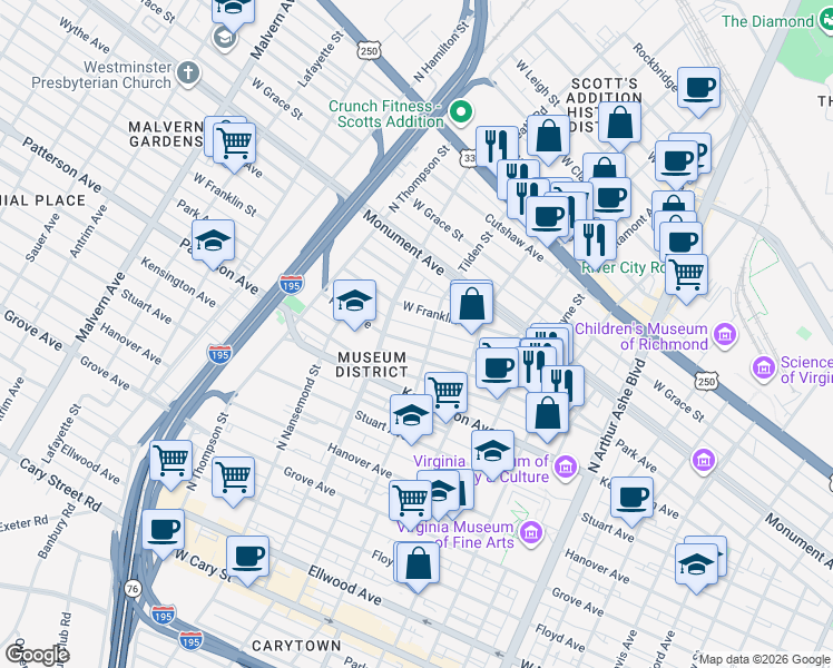 map of restaurants, bars, coffee shops, grocery stores, and more near 3321 West Franklin Street in Richmond