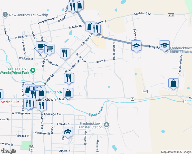 map of restaurants, bars, coffee shops, grocery stores, and more near 105 Spruce Street in Fredericktown