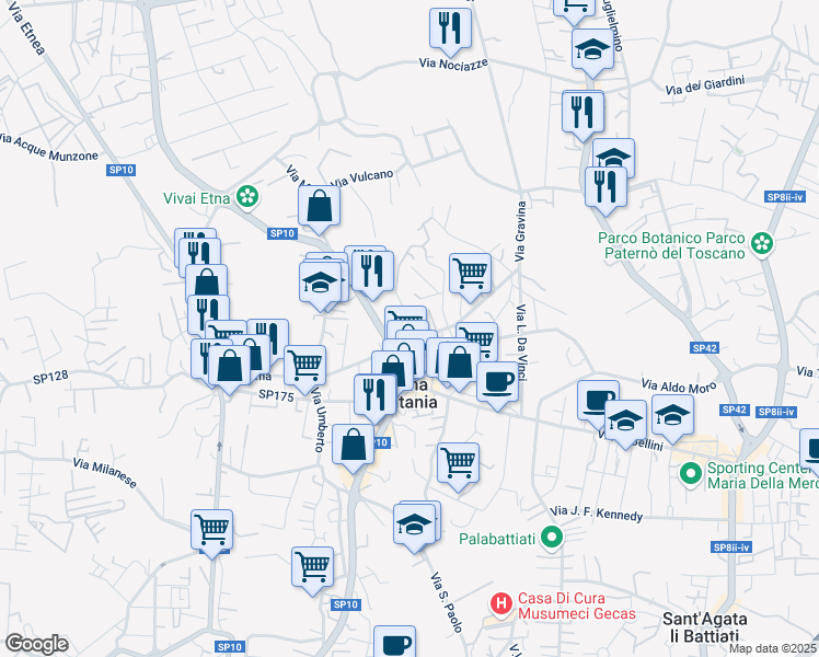 map of restaurants, bars, coffee shops, grocery stores, and more near 4 Via Caduti del Lavoro in Gravina di Catania