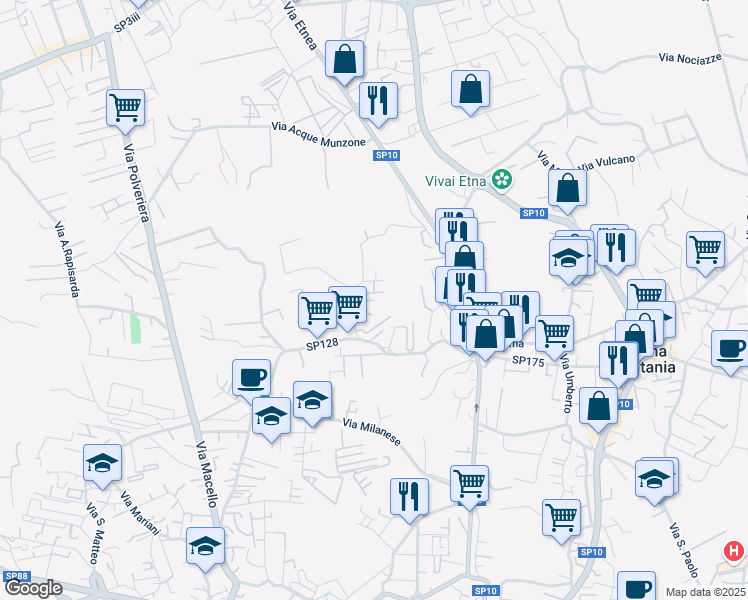 map of restaurants, bars, coffee shops, grocery stores, and more near 10 Via Santa Elia in Gravina di Catania