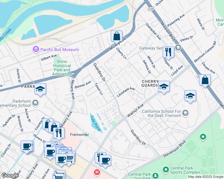map of restaurants, bars, coffee shops, grocery stores, and more near 38784 Huntington Circle in Fremont