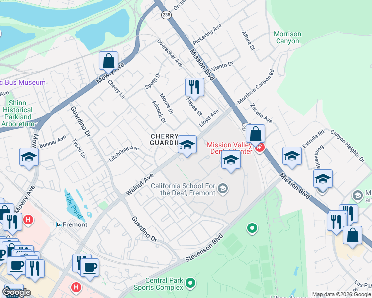 map of restaurants, bars, coffee shops, grocery stores, and more near 38973 Langtry Court in Fremont