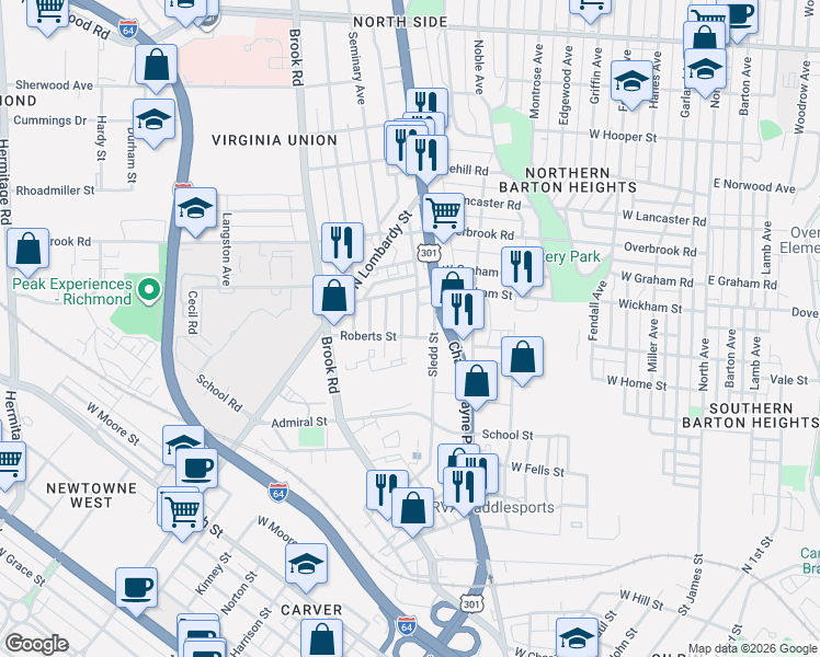 map of restaurants, bars, coffee shops, grocery stores, and more near 2209 1/2 Seminary Avenue in Richmond