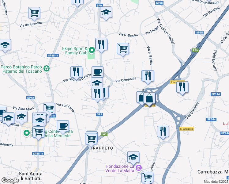map of restaurants, bars, coffee shops, grocery stores, and more near 2 Via Pablo Picasso in San Giovanni La Punta